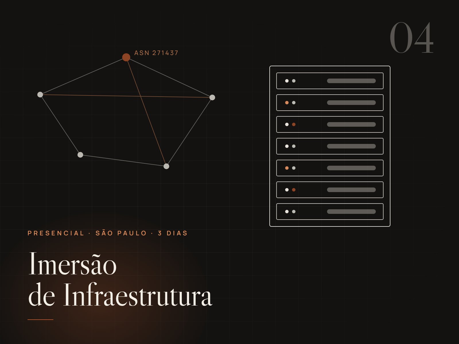 Imersão de Infraestrutura — capa: rack de servidores e rede própria (ASN 271437), presencial em São Paulo